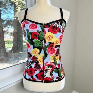 Hell Bunny Rockabilly Rose Cactus Corset Top Womens L Lace Up Back Retro Biker